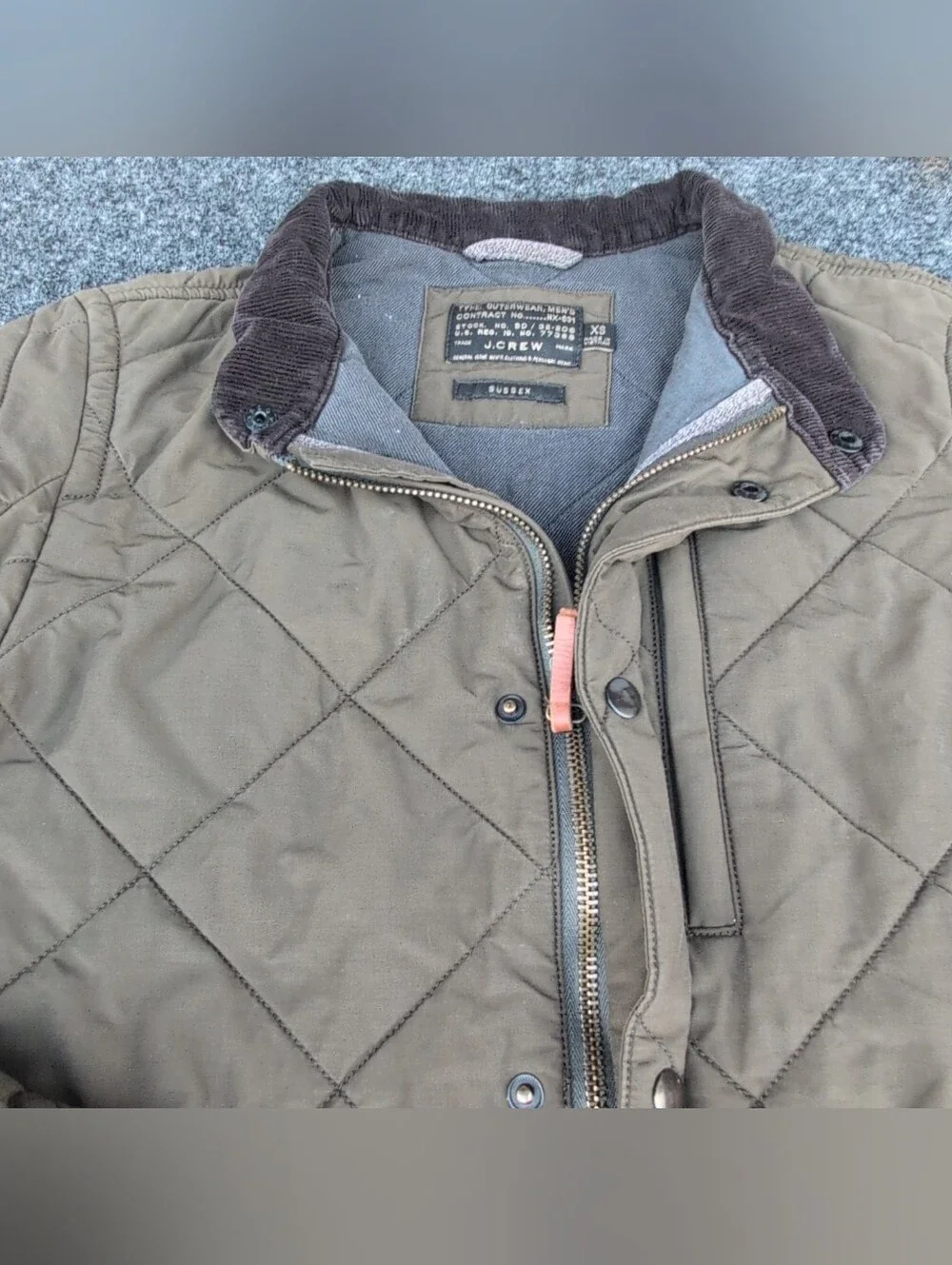 J Crew Sussex Jacket Extra Small Green Military Corduroy Trim Quilted Insulated